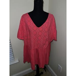 Crown & ivy womens Pink Geometric Circle Lace Babydoll Top Coastal S/S Beachy 2X